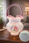 Fenton Pink Opalescent Art Glass Basket Hand Painted Floral Ruffled, Signed, Box