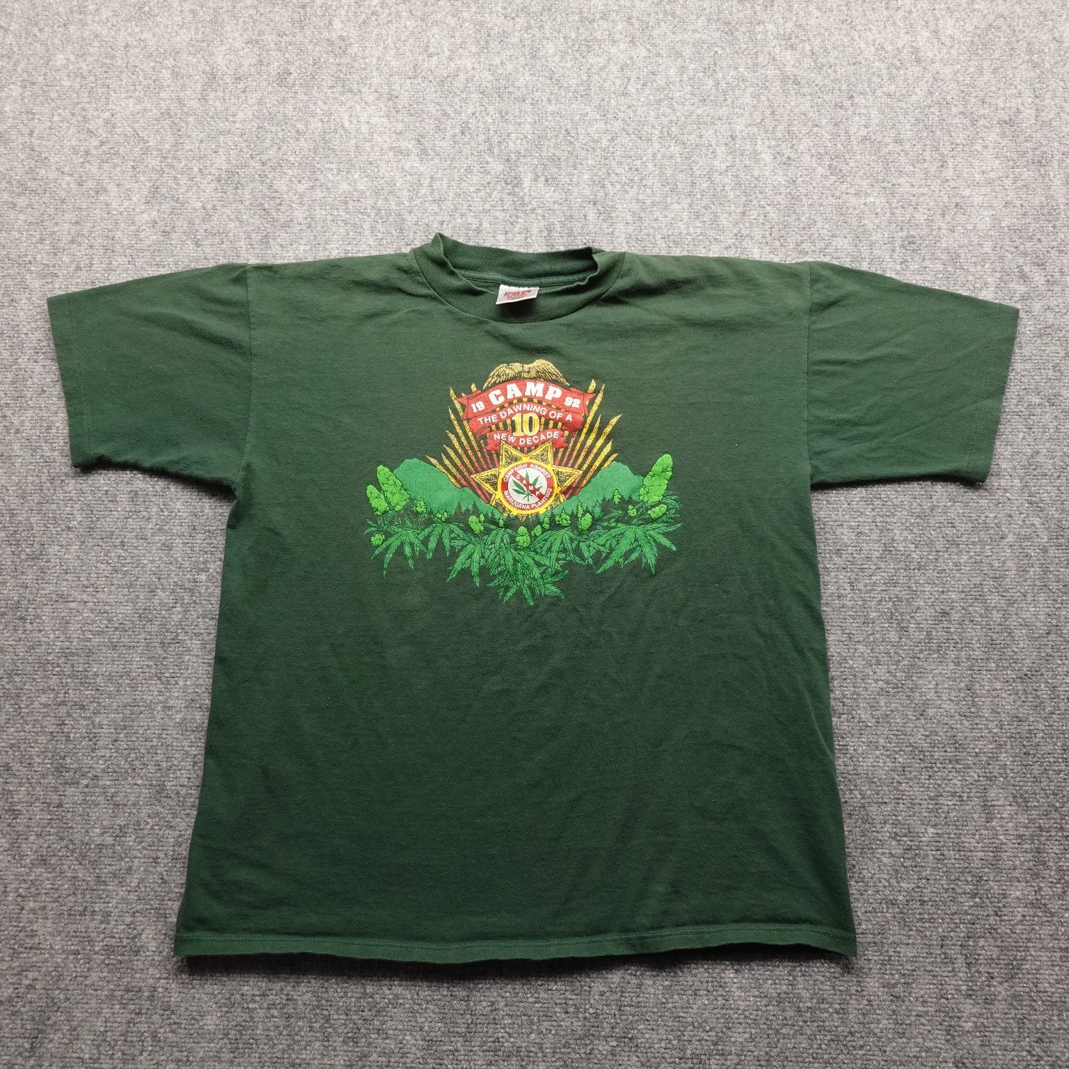 Vintage 1992 Camp Oneita Power-T Marijuana Graphic T-Shirt Green Large USA