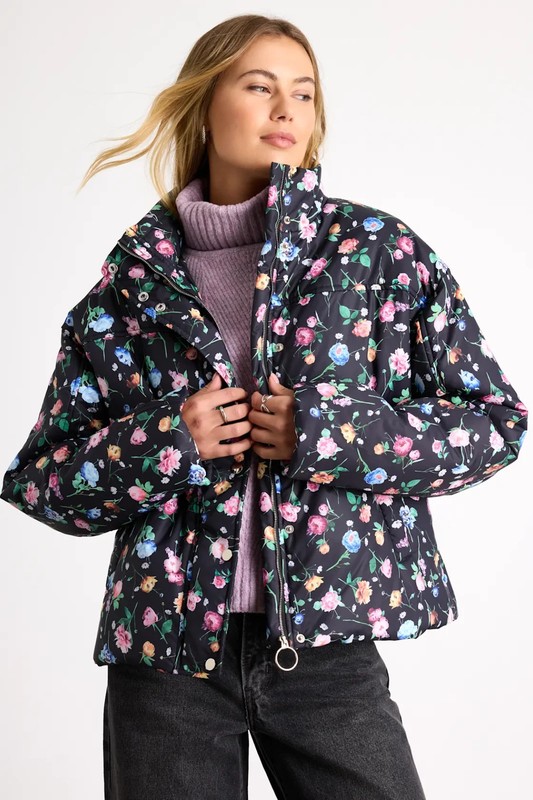 NWT Lulu's Linaya Black Floral Zip-Front Puffer Jacket Size S