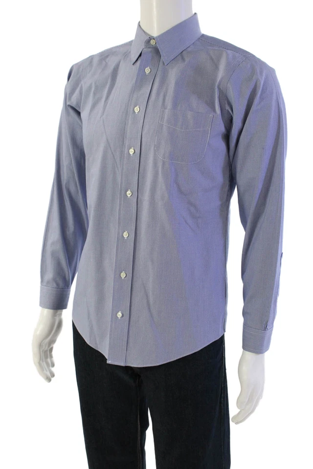 Brooks Brothers Mens Mini Houndstooth Print Button Down Shirt Blue Size 18 - Image 3 of 4