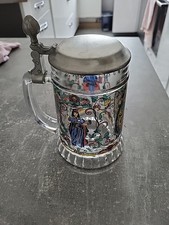Bunter Vintage Bierkrug Glas BMF &ndash; Reinzinn Deckel &ndash; Emaille-Dekor &ndash; Top Zustand