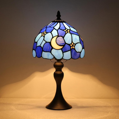 Tiffany Style Table Lamp, 8 Inch Moon Stained Glass Night Light, Antique Bronze