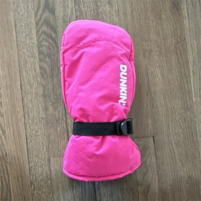 Dunkin' Pink Winter Sports Mitten Solid Pattern Logo Strap Accents Mitten Style