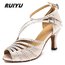 Scarpe da ballo latino donna festa tacco strass colore pelle nero scarpe sandali