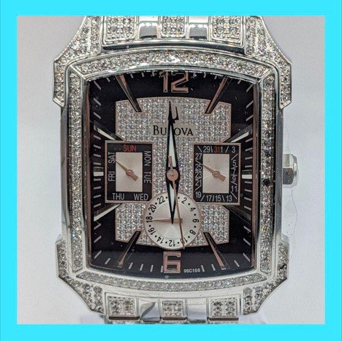 Bulova Men's Square Quartz Watch Silver/Black Diamond-Style De...