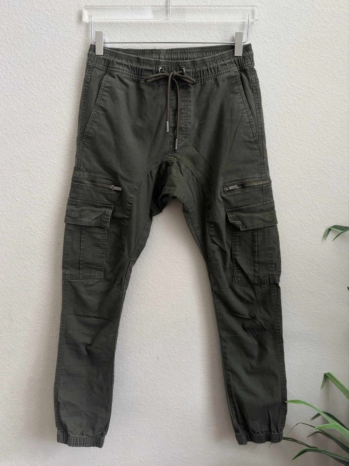 Men’s Green Olive Pull Up Utility Cargo Slim Twill Joggers Small