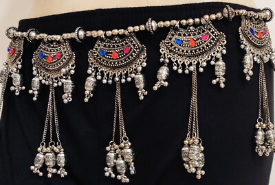 Tribal Fusion Belly Dance Kuchi Tie Belt Medallion Tassels Skirt Costume Jewelry
