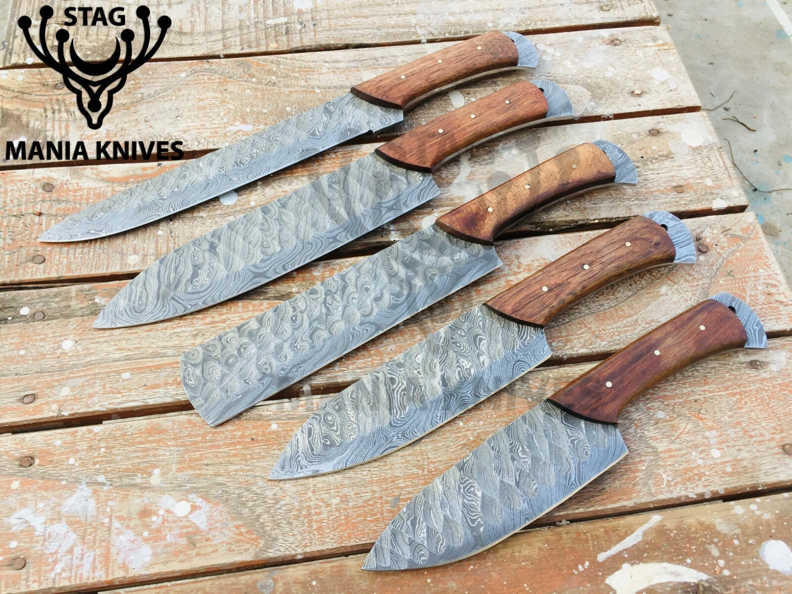 Custom Hand Forged Damascus Steel Full Tang Hunting Kitchen Set Chef Set