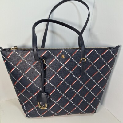 Ralph Lauren Keaton Tote Purse Bag Navy Blue Faux Leather Monogram Logo 