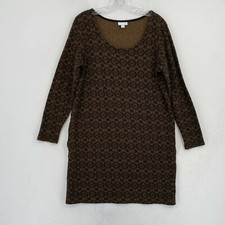 J Jill Scoopneck Geometric Sweater Dress Womens Small S Brown Pockets Cotton L/S