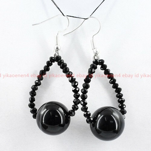 Natural 10mm Black Onyx 3mm Faceted Spinel Round Gemstone Hook Dangle Earrings - Picture 6 of 12