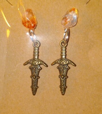 925 Sterling Silver, Red Crystal, & Dagger Charm Celtic/ Viking Earrings