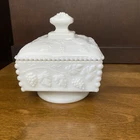 Vintage Westmoreland Milk Glass Beaded Square Pedestal Lidded Compote 5.25”t