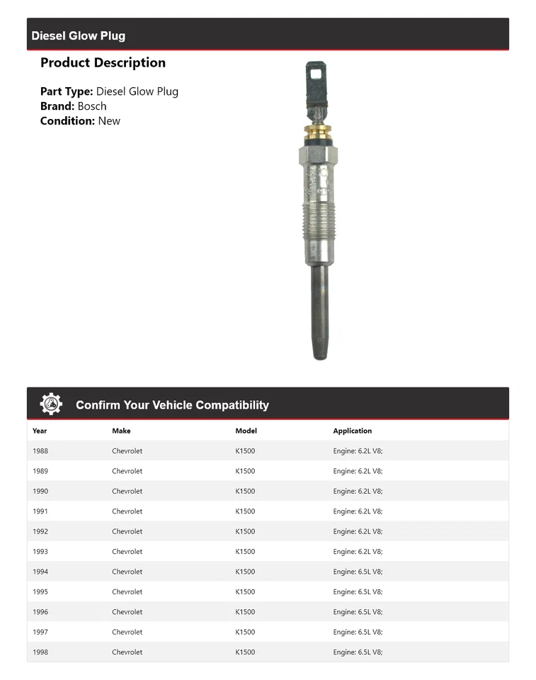 Bujía incandescente diésel Chevrolet K1500 Bosch 1988-1998 1989 1990 1991 1992 1993 Foto 2 de 3