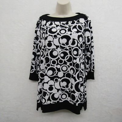 Rafaella Womens Top Shirt Blouse Size S Black White 3/4 Sleeve Boat Neck Flowy