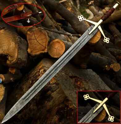 Handmade Double Edge Viking Sword Damascus Steel Battle Ready With leather sheat