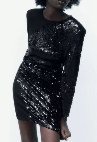 Zara Contrast Sequin Mini Dress In Black Size S NWOT - Picture 3 of 11
