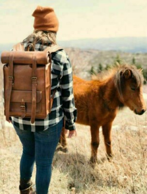 Roll Top Backpack Rucksack Rolltasche Reise Bikertasche aus echtem Leder