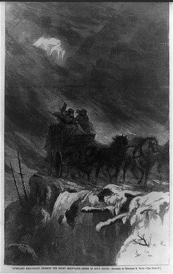 Overland mail-coach crossing the Rocky Mountains--Scene in Guy's Gulch