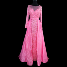 Custom Made Pink Long Sleeve Beaded Satin Over Skirt Gown New with Tags Size 4