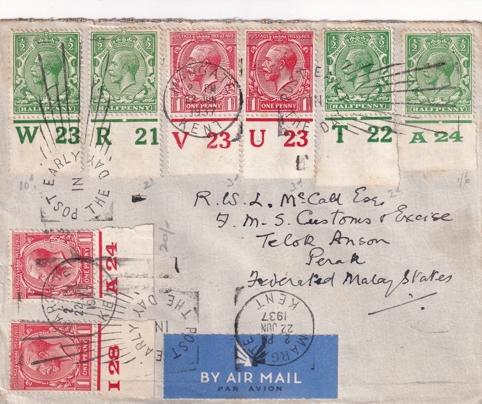1937 Cover Margate to Malaya with 8x Controls (t5062) eBay