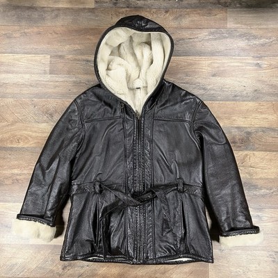 Wilsons Leather Bomber Jacket Womens XL Brown Full Zip Faux Fur Lined Hooded