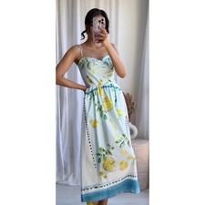 SundayUp Light Blue Lemon Print Midi Dress Sweetheart Neckline Summer Sundress S