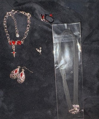 Silver Red Rhinestone Cross Set Necklace Bracelet Earrings Ring with Choker ￼