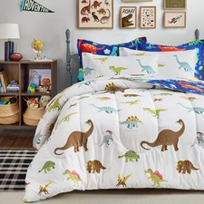 Kids Bed in a Bag Twin Size White Navy Dinosaur Comforter Set - Soft 6 Pcs