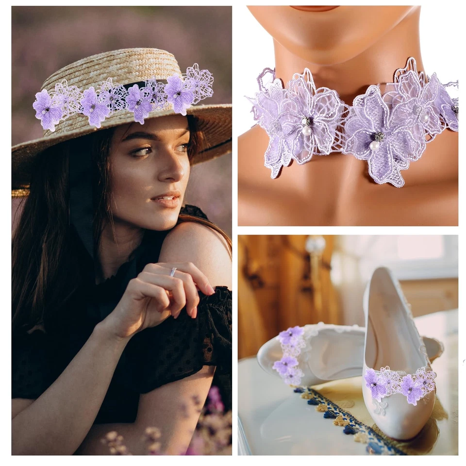 Borde de flores de organza de 2 yardas, cuentas de perlas 3D borde de encaje bordado cosido... Foto 3 de 4