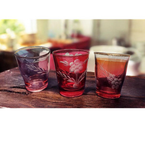 Set of 3 Red Shot Glasses vintage etched cranberry glass