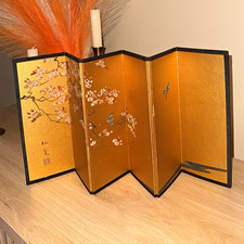 Vintage Japanese Double-Sided Folding Screen Byobu &ndash; Gold Sakura Birds &ndash; Signed