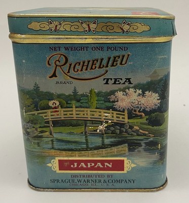 Antique Richelieu Tea Tin Sprague Warner Chicago Mt Fuji Crane Japan EMPTY