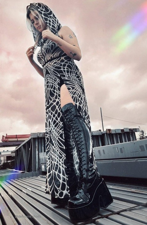 Black Thigh High Lace Up Platform Combat Lace Up Boots Cyber Punk