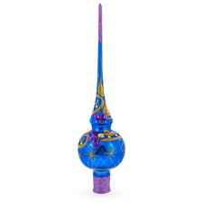 Purple Jewels and Golden Leaves on Blue Mouth Blown Glass Tree Topper 11 Inches