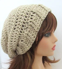 SLOUCHY BEANIE HAT  OATMEAL LIGHT TAN  TEXTURED EDGE ACRYLIC HANDMADE CROCHET