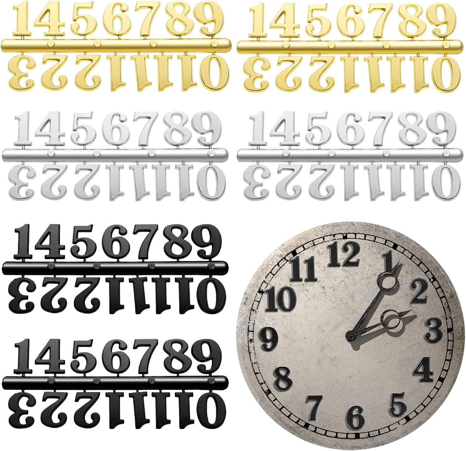 Clock Numerals Kit - 6 Sets of DIY Arabic Numbers and Hands for Wall Clocks