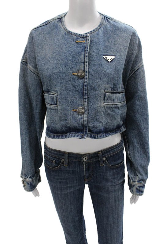 Prada Women Basic Jacket Blue Cotton Button Long Sleeve Fall Size 36