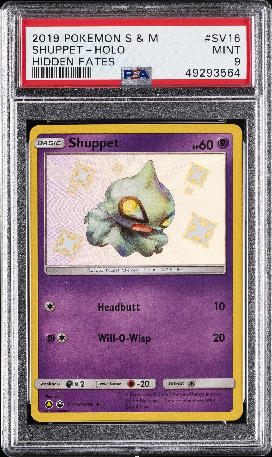 2019 POKEMON SUN & MOON HIDDEN FATES #SV16 SHUPPET-HOLO PSA 9