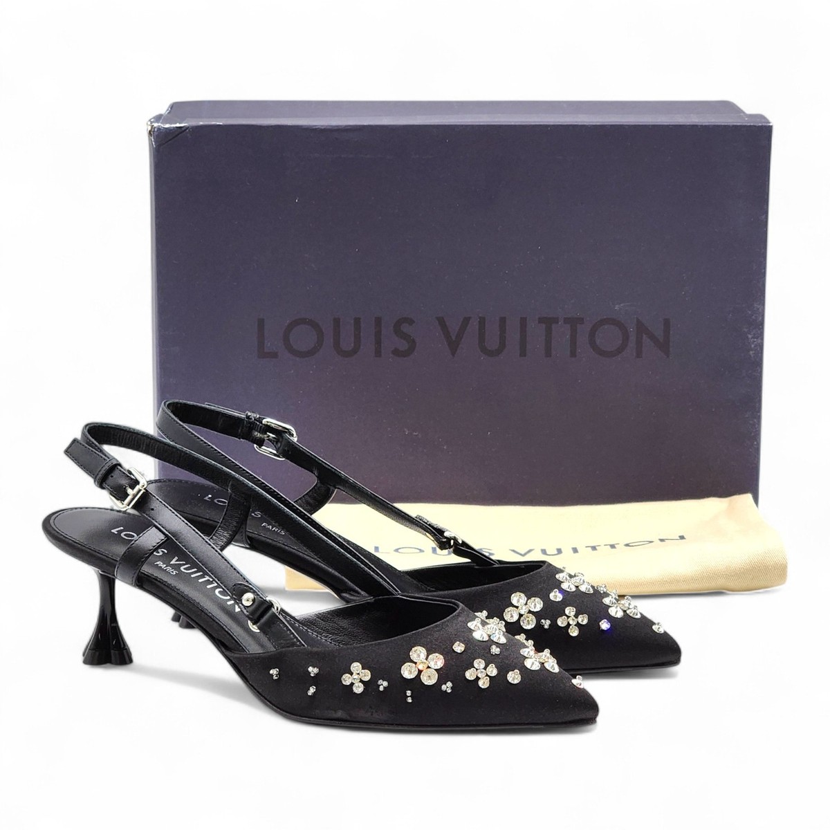 Louis Vuitton Blossom Slingback Heels Satin Crystals Black EU 36 