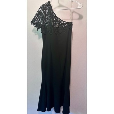 Marina Womens Black One Shoulder Lace Mermaid Midi Cocktail Dress Size 10