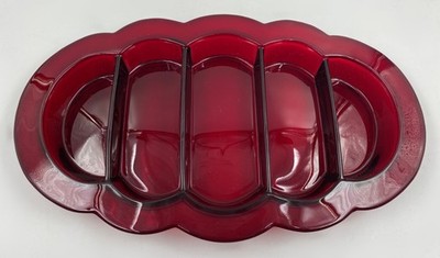 Ruby Red Glass 5-Part Divided Relish Tray Oval Scalloped Vintage Unusual!