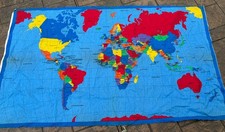 Vintage Sewing Fabric Traditions World Map Panel 1990s Blue  Brights 35x60  