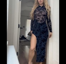 Women’s Navy/Black Sheer Mesh Floral Collared Long Sleeve Bodycon Midi S