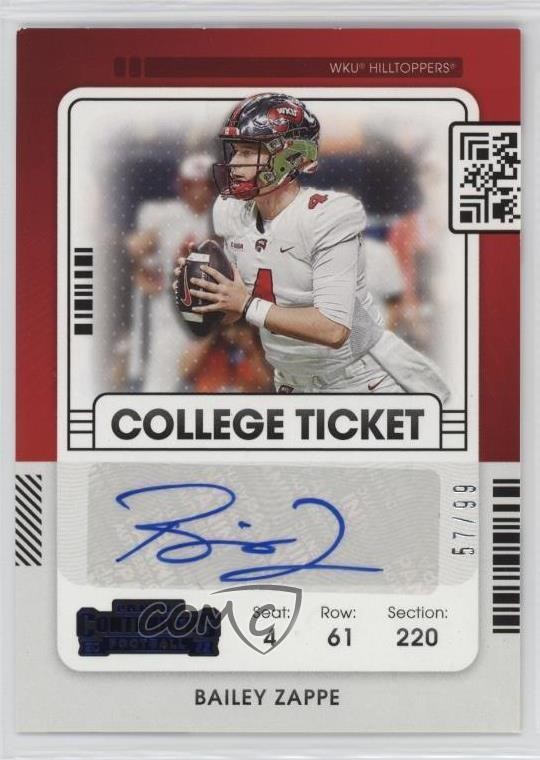 Bailey Zappe Panini Chronicles Draft Picks Contenders College Ticket Autographs #CCTBZA Blue