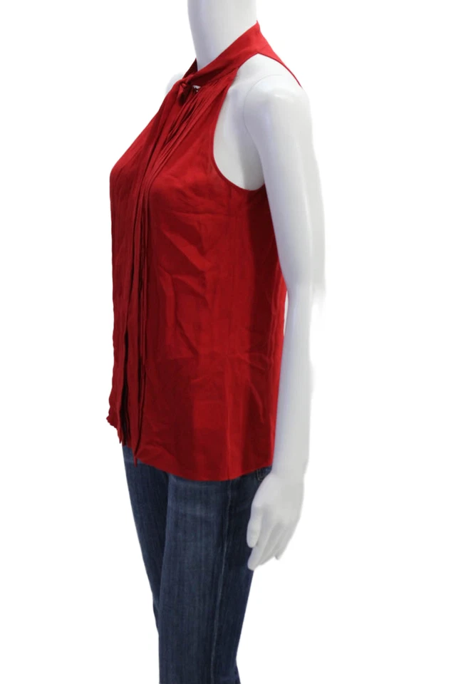Top de seda pintuck rojo talla 2 Michael Kors Collection para mujer sin mangas con cuello corbata Foto 2 de 4