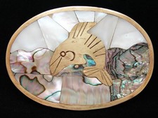 OB19164 VINTAGE 1970s  FISH  ABALONE SHELL SOUTHWESTERN DESIGN BELT BUCKLE
