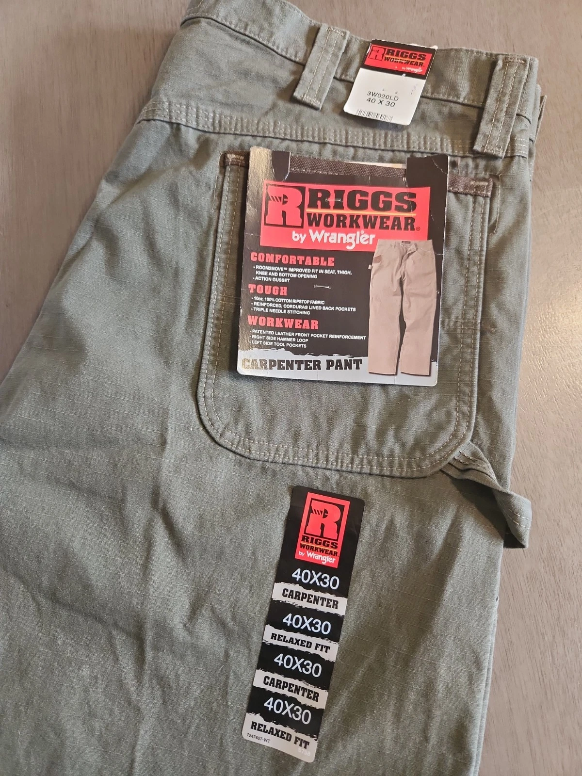 Wrangler Riggs Workwear Carpenter Cargo Pants Mens 40X30 Olive Ripstop NWT Work