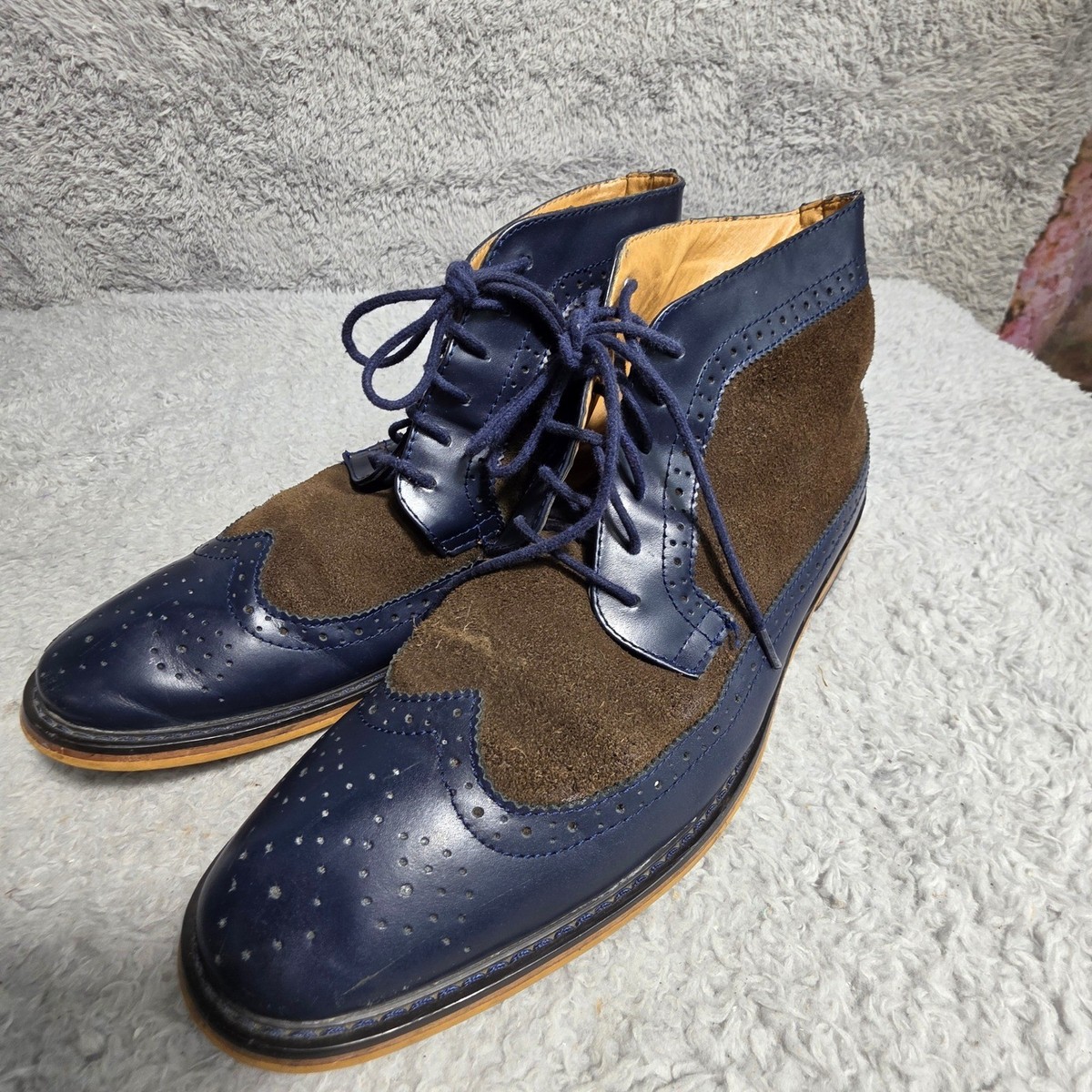 La Milano Italian Two tone Wingtip Brogue Chukka Boots Navy Suede Leather Men 12 La Milano Italian Two tone Wingtip Brogue Chukka Boots Navy  main image 3