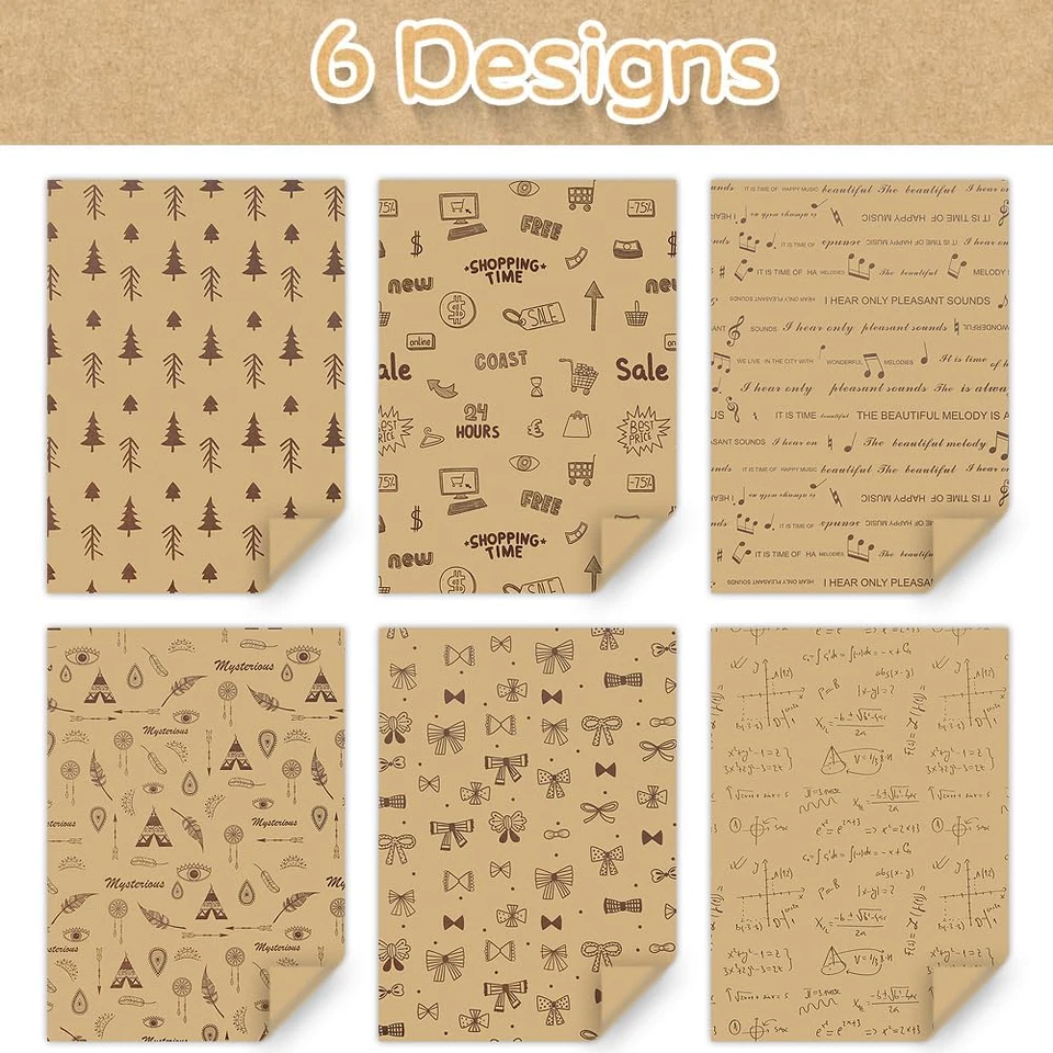 6 Sheets Kraft Birthday Wrapping Paper Musical Notes,Bows,Maths,Pine Tree and Dr - Image 3 of 4